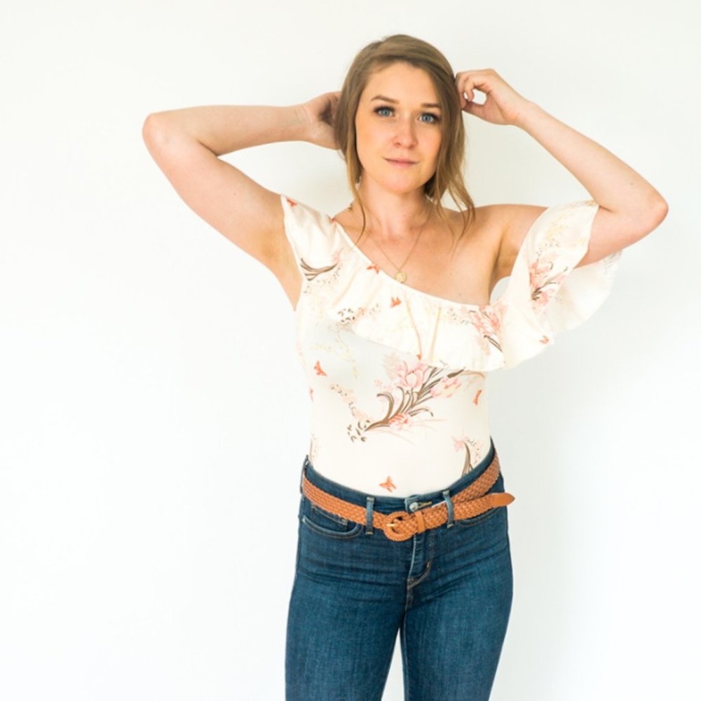 NWT Floral print asymmetrical trim bodysuit